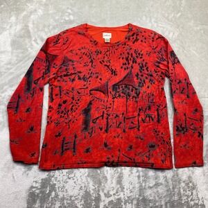 Chico's Long Sleeve Silk Blend Top Red Black Asian Inspired Print Size 2 Boho